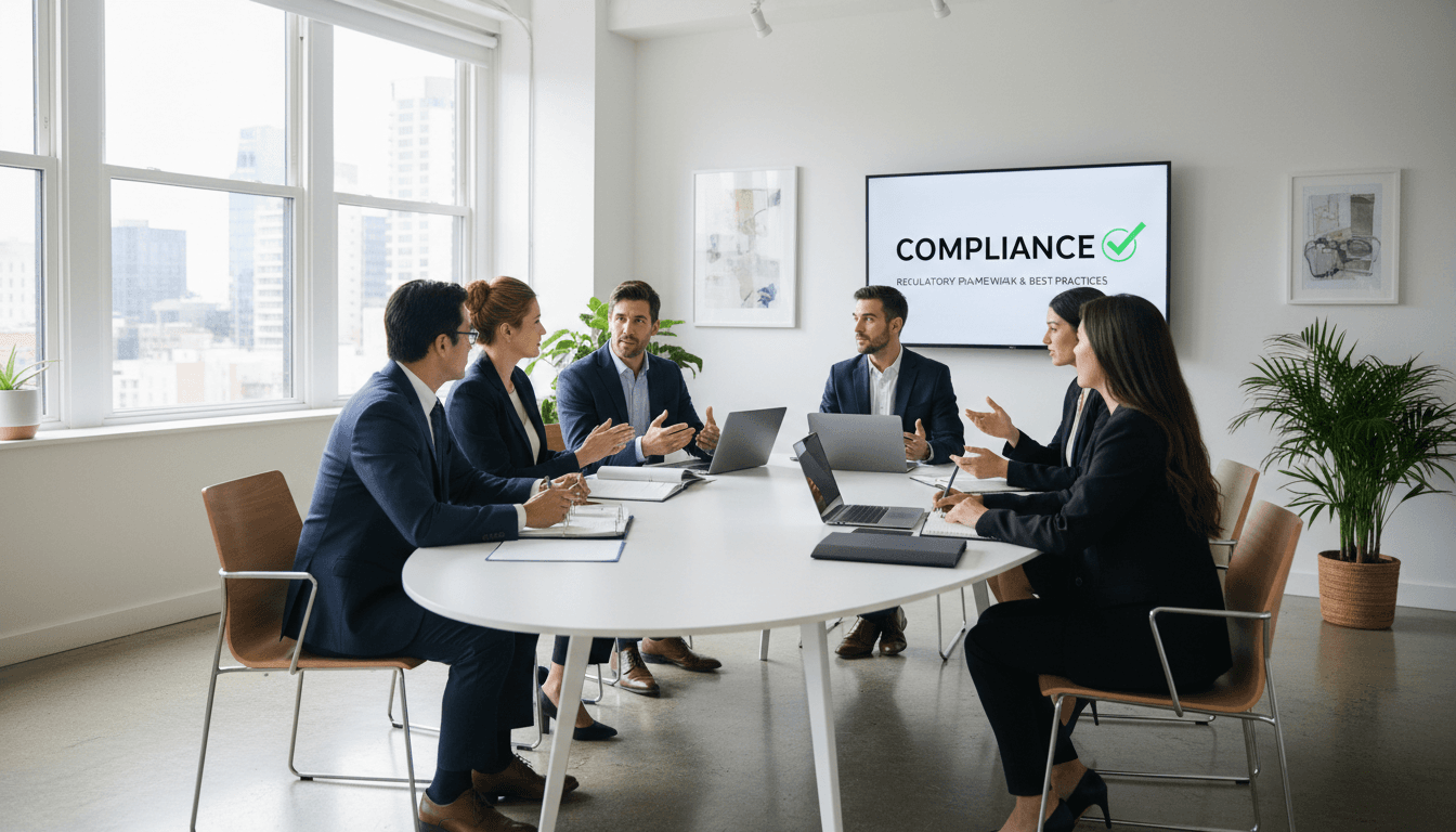 Team discussing compliance in a modern office with natural lighting