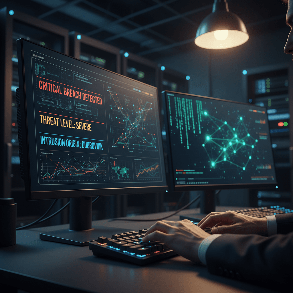 Security operations center with analyst monitoring threat data on multiple displays