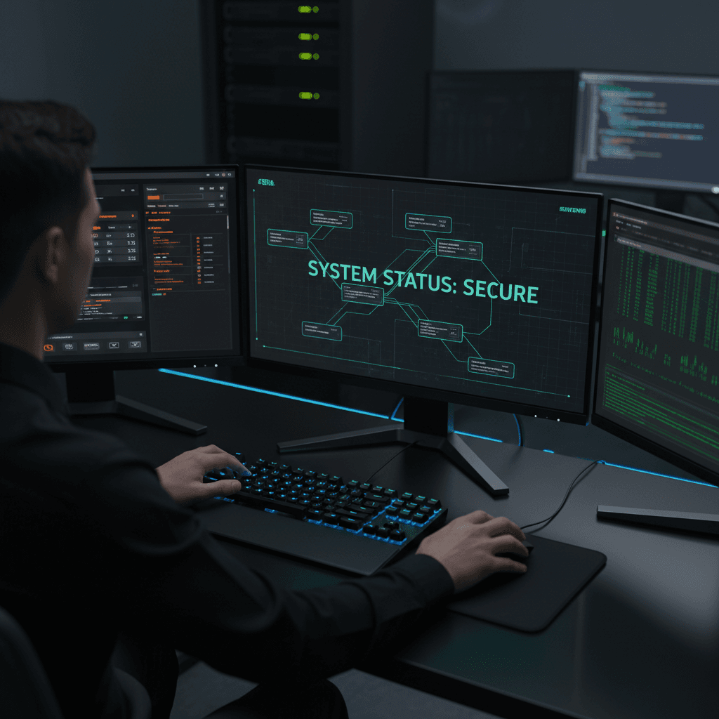 IT security professional monitoring network threat dashboards in a control center
