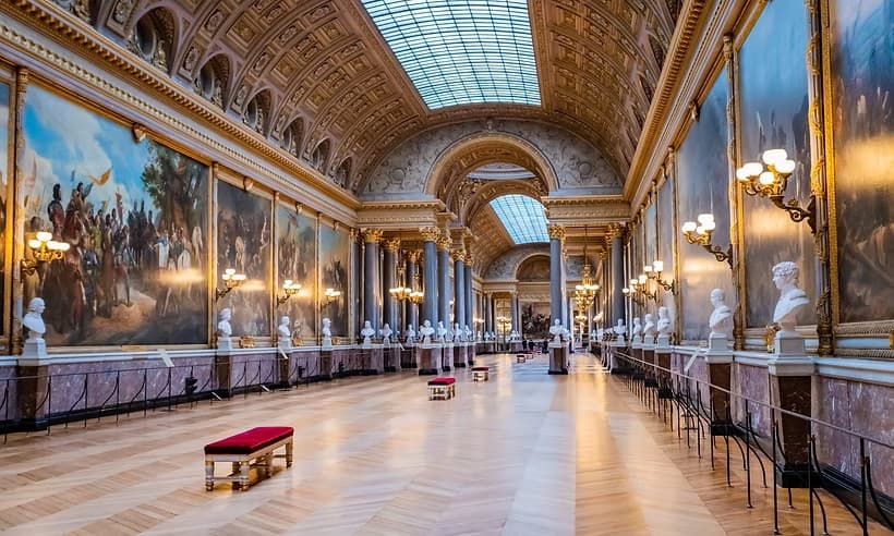 Grand gallery featuring massive historical paintings, marble busts, and a vaulted ceiling with skylights.